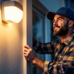 A photograph of a lighting contractor installing a motion detection light fixture in a residential setting