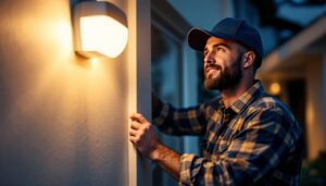 A photograph of a lighting contractor installing a motion detection light fixture in a residential setting