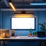 A photograph of a well-lit workspace featuring a variety of fluorescent lighting setups