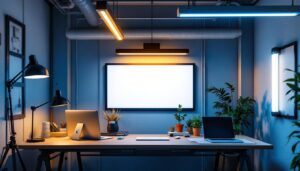 A photograph of a well-lit workspace featuring a variety of fluorescent lighting setups