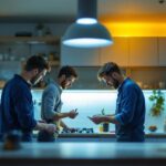 A photograph of a well-lit kitchen featuring bright under cabinet lighting
