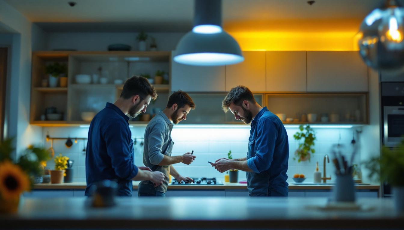 A photograph of a well-lit kitchen featuring bright under cabinet lighting