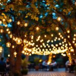 A photograph of a beautifully illuminated outdoor space featuring stylish hang lights strung between trees or along a patio