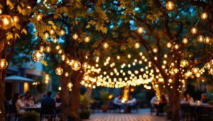 A photograph of a beautifully illuminated outdoor space featuring stylish hang lights strung between trees or along a patio