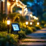 A photograph of a well-lit outdoor setting featuring various flood light bulbs in action