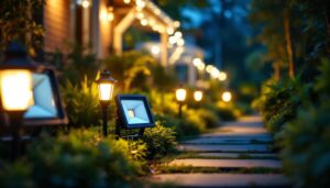 A photograph of a well-lit outdoor setting featuring various flood light bulbs in action