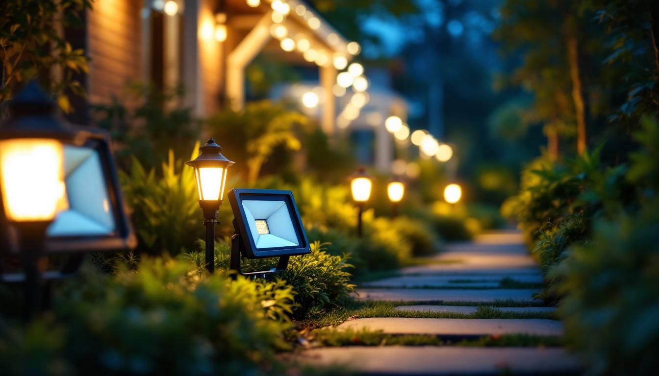 A photograph of a well-lit outdoor setting featuring various flood light bulbs in action