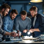 A photograph of a team of professionals engaged in a hands-on training session about halogen bulbs