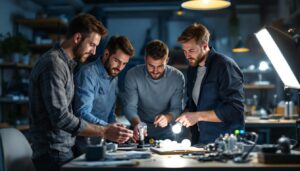 A photograph of a team of professionals engaged in a hands-on training session about halogen bulbs