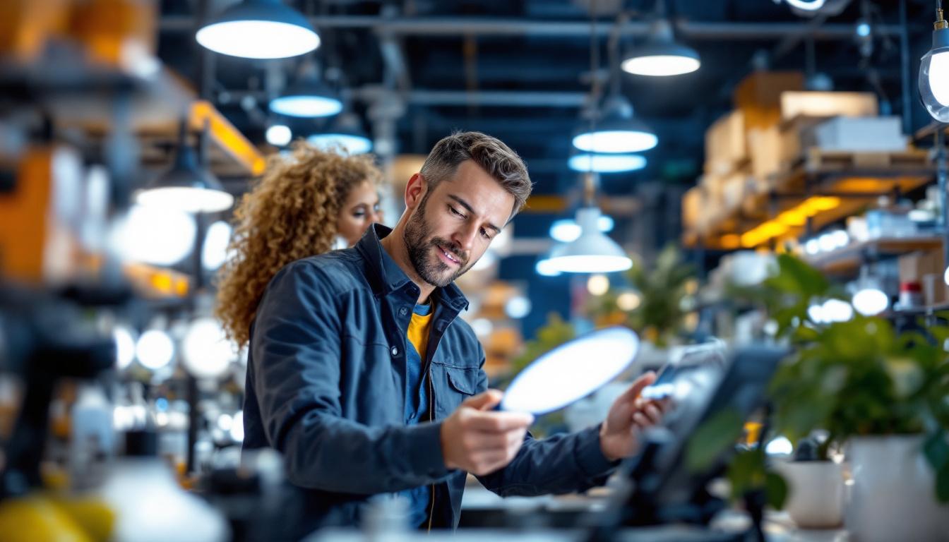A photograph of a lighting contractor examining a variety of led lights in a well-lit showroom
