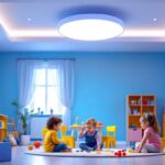 A photograph of a brightly lit playroom featuring a stylish ceiling light installation