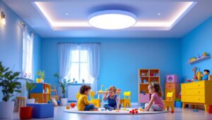 A photograph of a brightly lit playroom featuring a stylish ceiling light installation