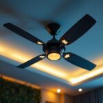 A photograph of a beautifully designed ceiling fan with intricate lighting features