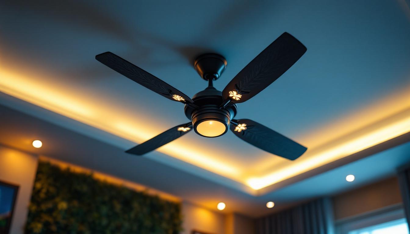 A photograph of a beautifully designed ceiling fan with intricate lighting features