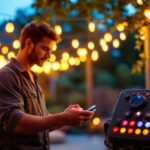 A photograph of a lighting contractor skillfully installing led string lights in a beautifully illuminated outdoor space