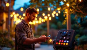 A photograph of a lighting contractor skillfully installing led string lights in a beautifully illuminated outdoor space