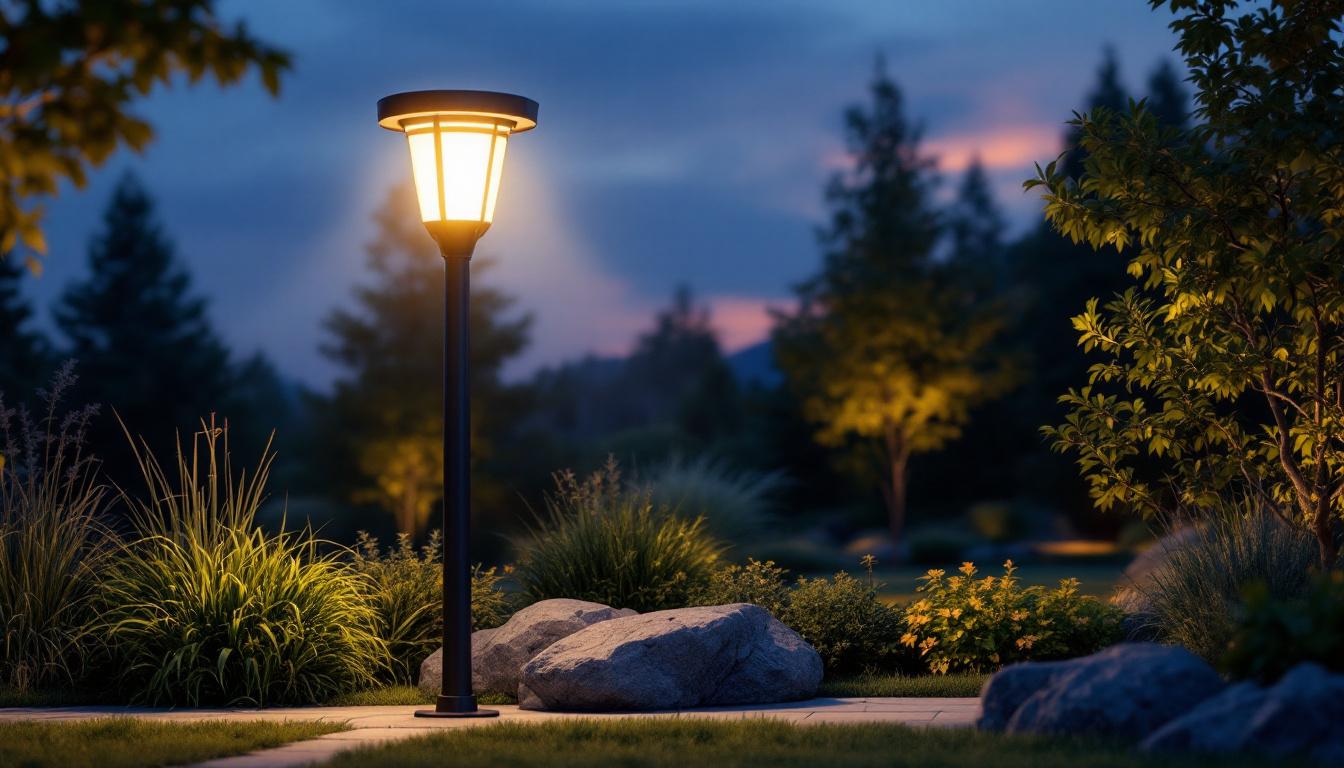 A photograph of capture a photograph of a beautifully illuminated solar lamp post in a landscaped outdoor setting during twilight
