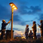 A photograph of a team of professionals installing pole-mounted solar lights in an outdoor setting