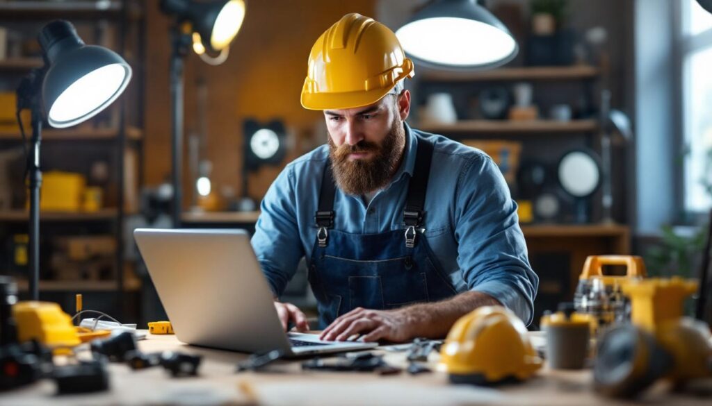 A photograph of a lighting contractor reviewing discount coupon codes on a laptop while surrounded by various lighting fixtures and tools