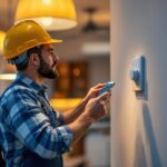 A photograph of a lighting contractor expertly installing a remote fan switch in a stylish home setting