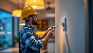 A photograph of a lighting contractor expertly installing a remote fan switch in a stylish home setting