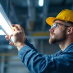 A photograph of a lighting contractor expertly installing or adjusting a t5 lighting fixture in a commercial or industrial setting