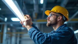 A photograph of a lighting contractor expertly installing or adjusting a t5 lighting fixture in a commercial or industrial setting