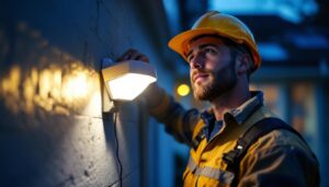A photograph of a lighting contractor installing a motion detector light in a residential or commercial setting