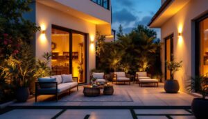 A photograph of a beautifully designed outdoor patio illuminated by stylish led lights at dusk