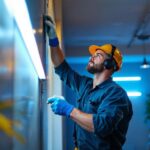 A photograph of a lighting contractor at work