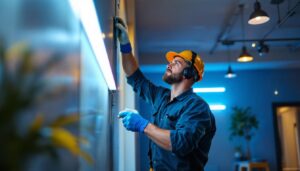 A photograph of a lighting contractor at work