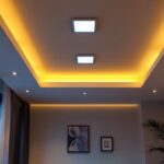 A photograph of a modern interior space featuring recessed lighting with square covers