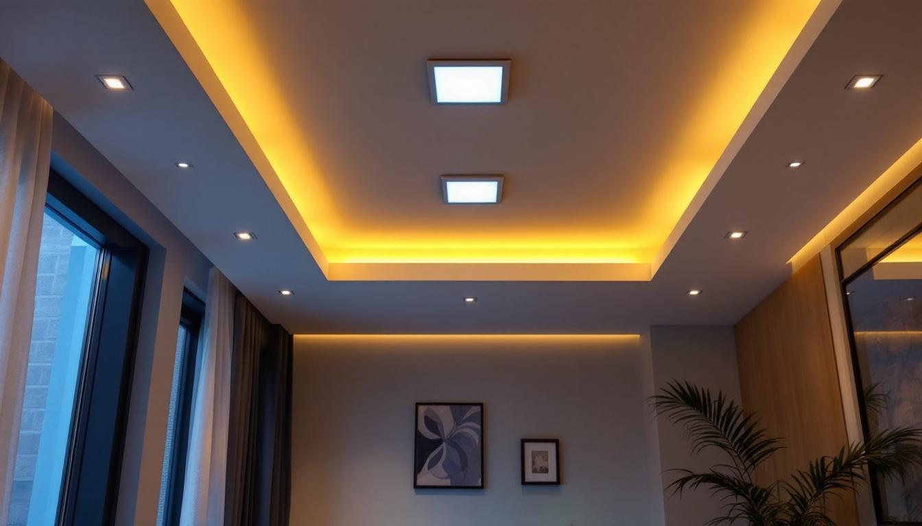 A photograph of a modern interior space featuring recessed lighting with square covers