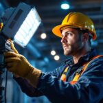A photograph of a skilled lighting contractor installing or adjusting high-intensity discharge (hid) lights in a modern commercial or industrial setting