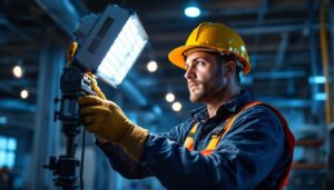 A photograph of a skilled lighting contractor installing or adjusting high-intensity discharge (hid) lights in a modern commercial or industrial setting