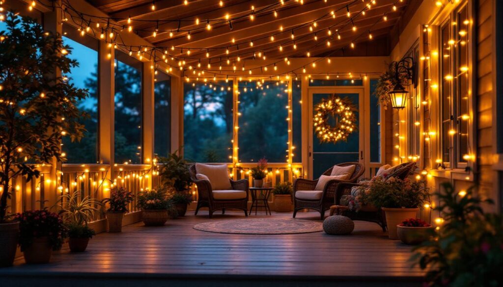 A photograph of a beautifully illuminated screened porch adorned with string lights