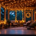 A photograph of a beautifully illuminated screened porch adorned with string lights