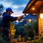 A photograph of a skilled lighting contractor installing stylish outdoor lighting fixtures in a beautifully landscaped garden during twilight