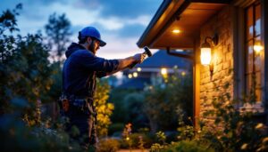 A photograph of a skilled lighting contractor installing stylish outdoor lighting fixtures in a beautifully landscaped garden during twilight