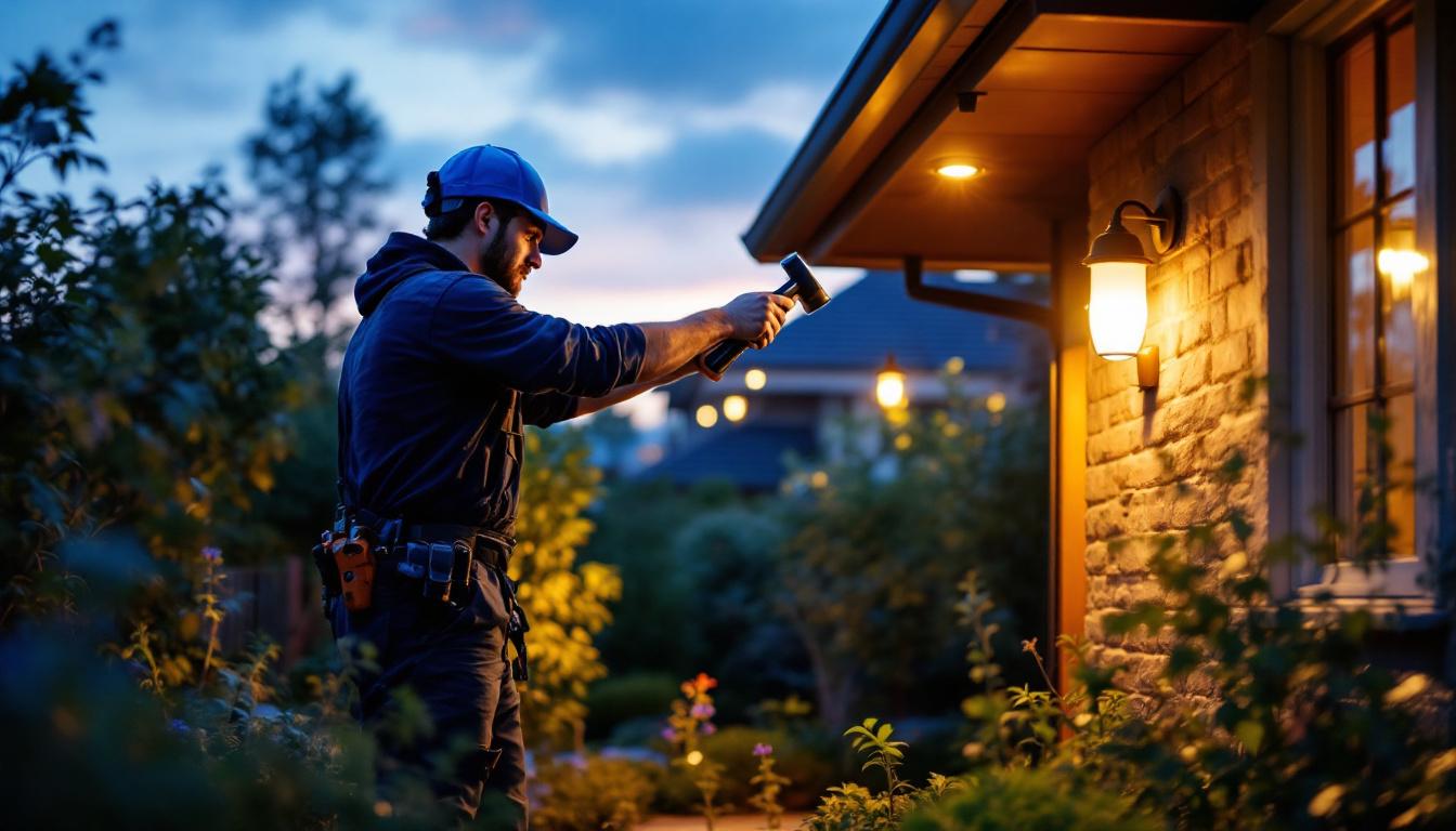 A photograph of a skilled lighting contractor installing stylish outdoor lighting fixtures in a beautifully landscaped garden during twilight
