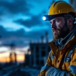 A photograph of a skilled contractor using an american-made headlamp while working on a construction site during twilight