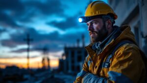 A photograph of a skilled contractor using an american-made headlamp while working on a construction site during twilight