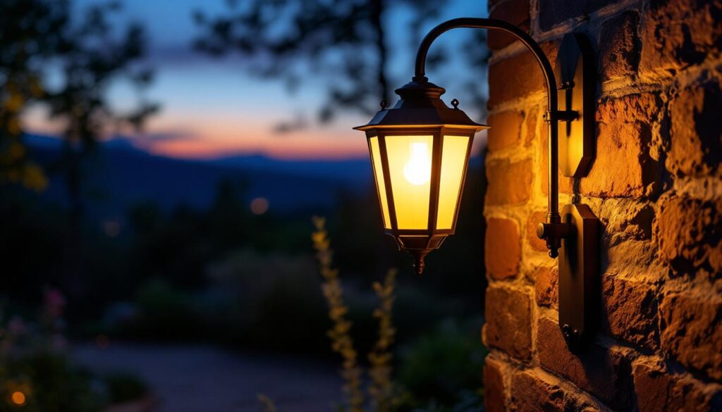 A photograph of a beautifully illuminated outdoor carriage lamp installed in a picturesque setting