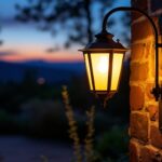 A photograph of a beautifully illuminated outdoor carriage lamp installed in a picturesque setting
