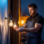 A photograph of a technician demonstrating the installation of a 120v to 12v transformer in a well-lit setting