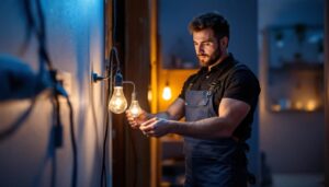 A photograph of a technician demonstrating the installation of a 120v to 12v transformer in a well-lit setting