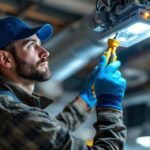 A photograph of a skilled technician replacing a ballast in a commercial lighting fixture