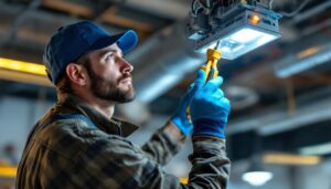 A photograph of a skilled technician replacing a ballast in a commercial lighting fixture