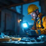 A photograph of a lighting contractor using a solar work light on a construction site during dusk