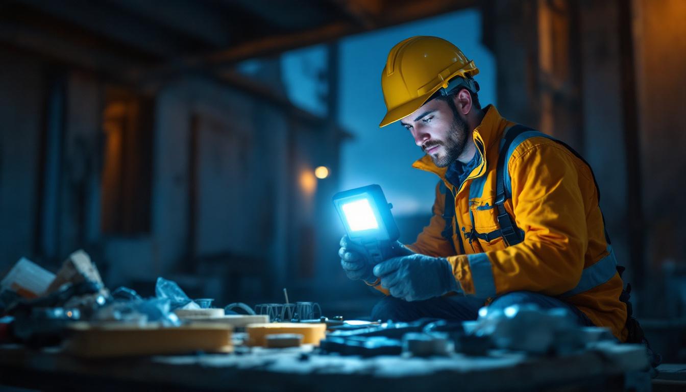 A photograph of a lighting contractor using a solar work light on a construction site during dusk